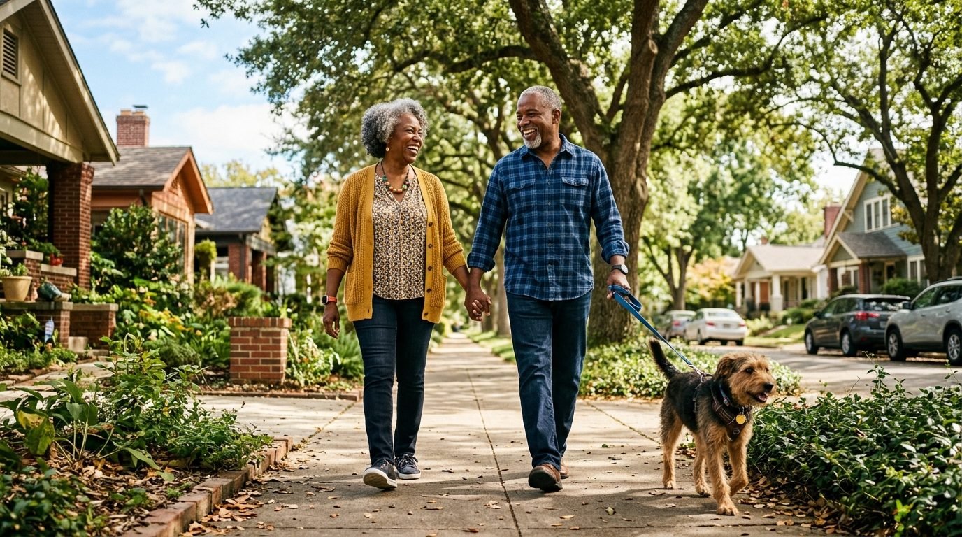 Couple enjoying a calm walk with their trained dog