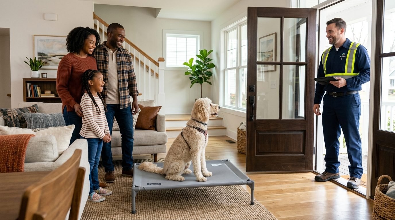Dog practicing the place command in a family home