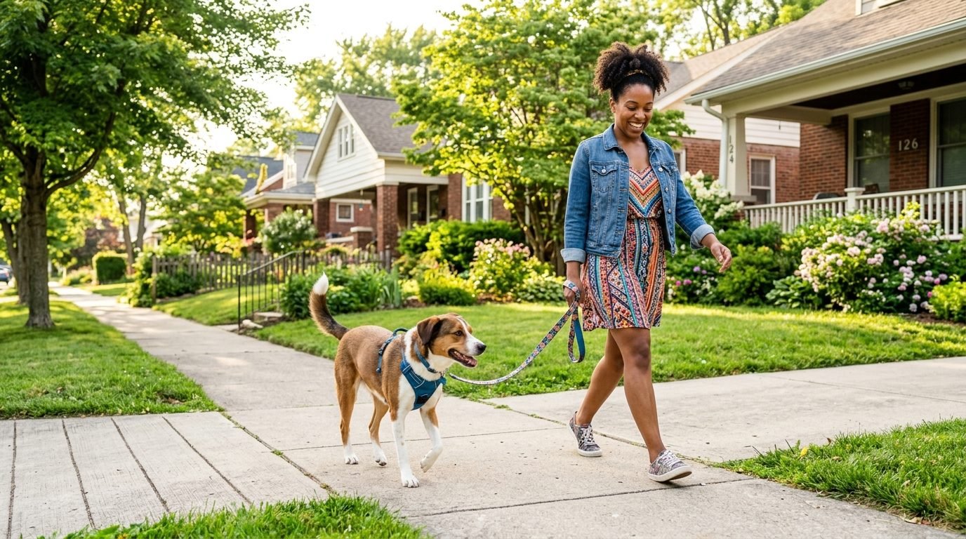 Dog practicing calm heel position on a neighborhood sidewalk