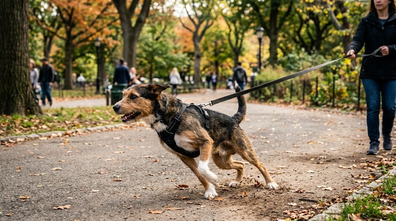 Dog pulling strongly on a leash during a walk
