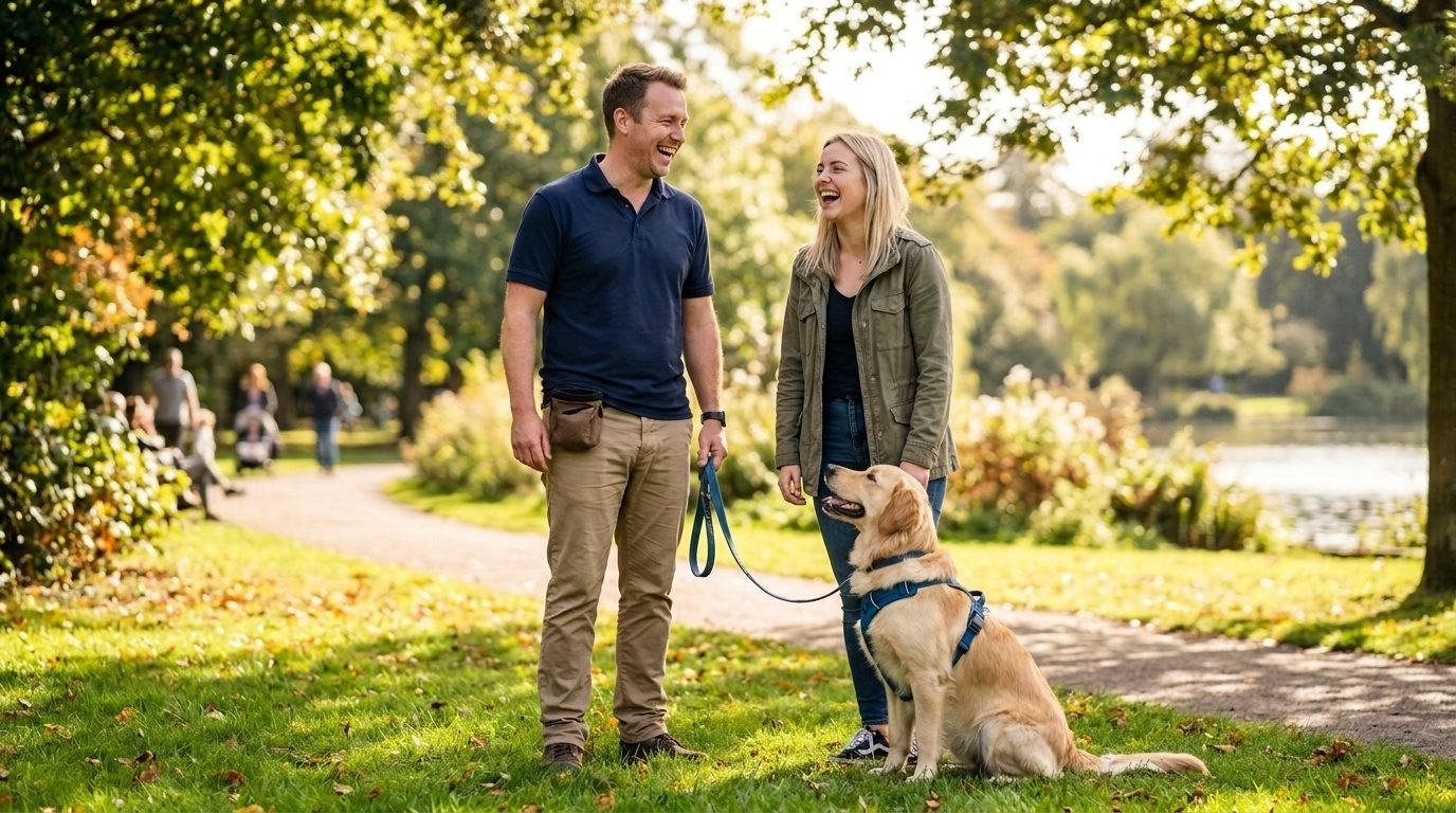 Dog trainer helping clients practice with their dog