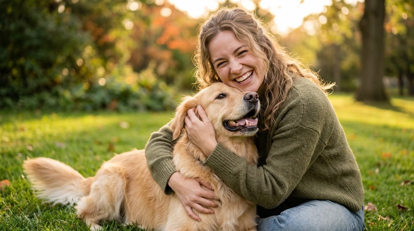 Owner rewarding calm dog behavior outdoors