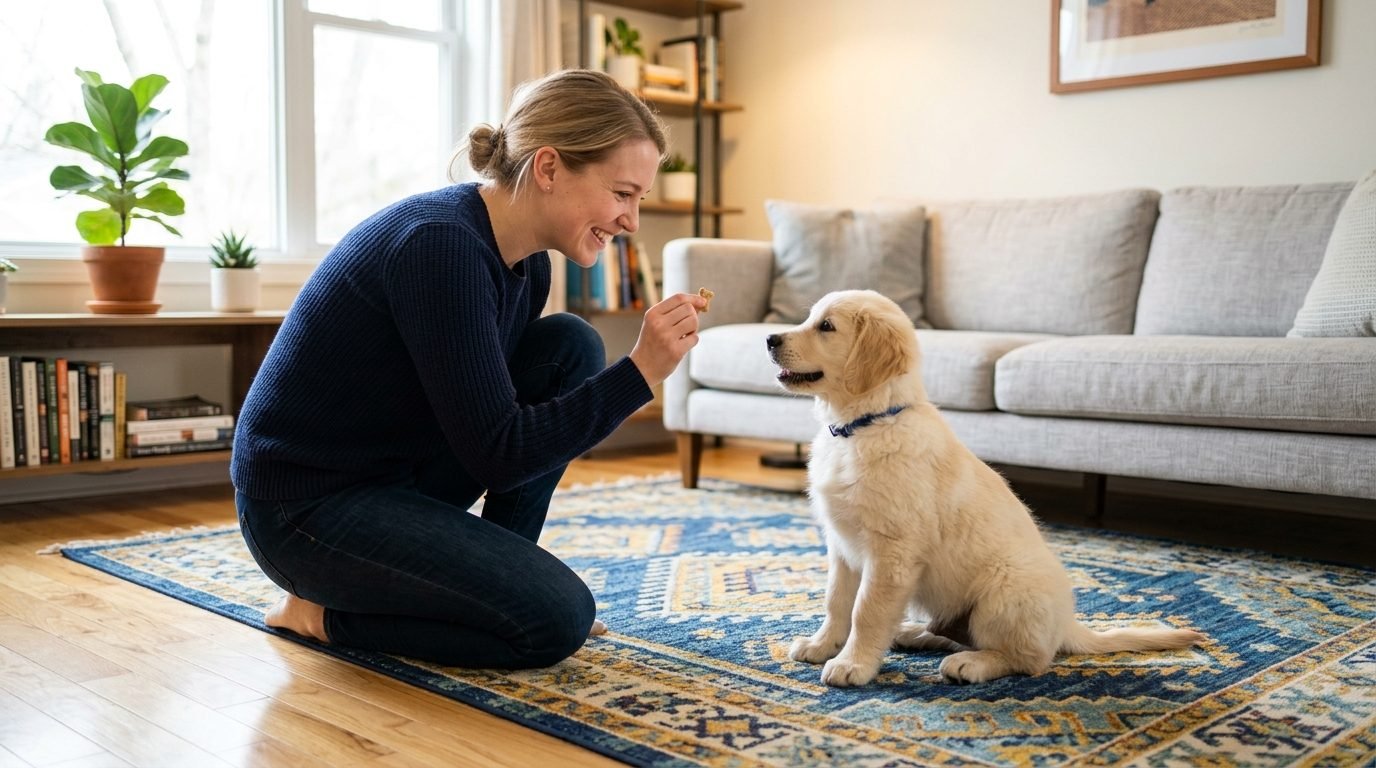 Puppy learning during a home training session