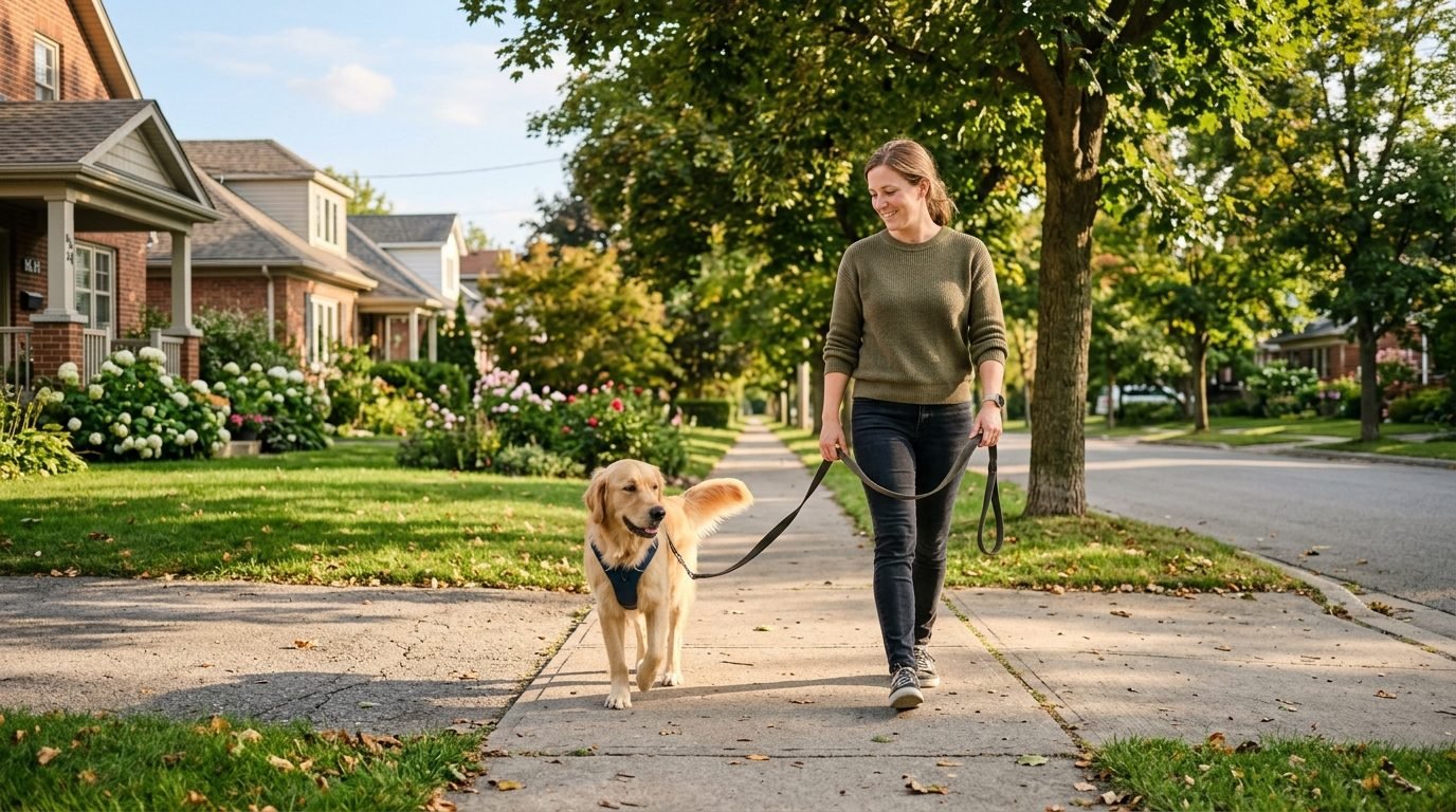 Owner walking a dog on a relaxed leash through a neighborhood