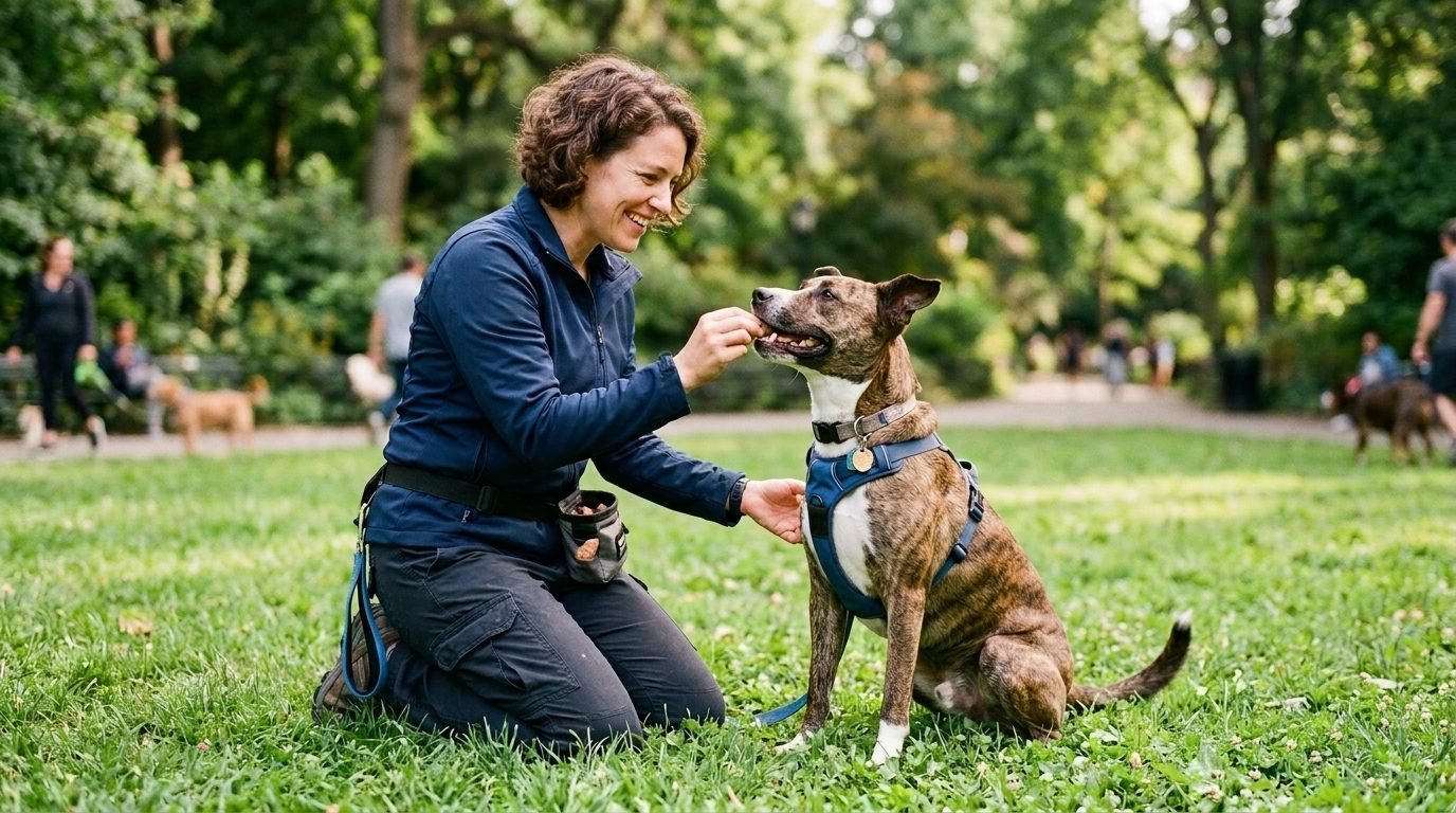 Trainer rewarding a dog during an outdoor lesson